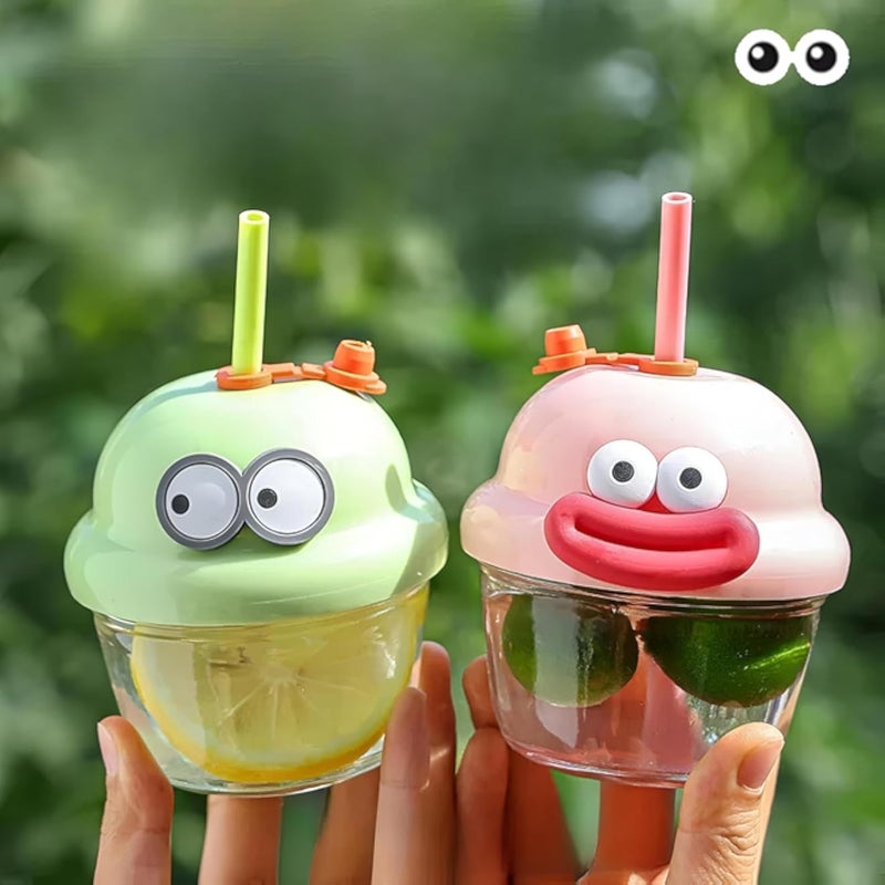 Fun and Practical Cartoon Drinking Cup:8oz Glass Straw Cup, Perfect for Juice, Water or Drinking, Multicolor Options (2 Cups)